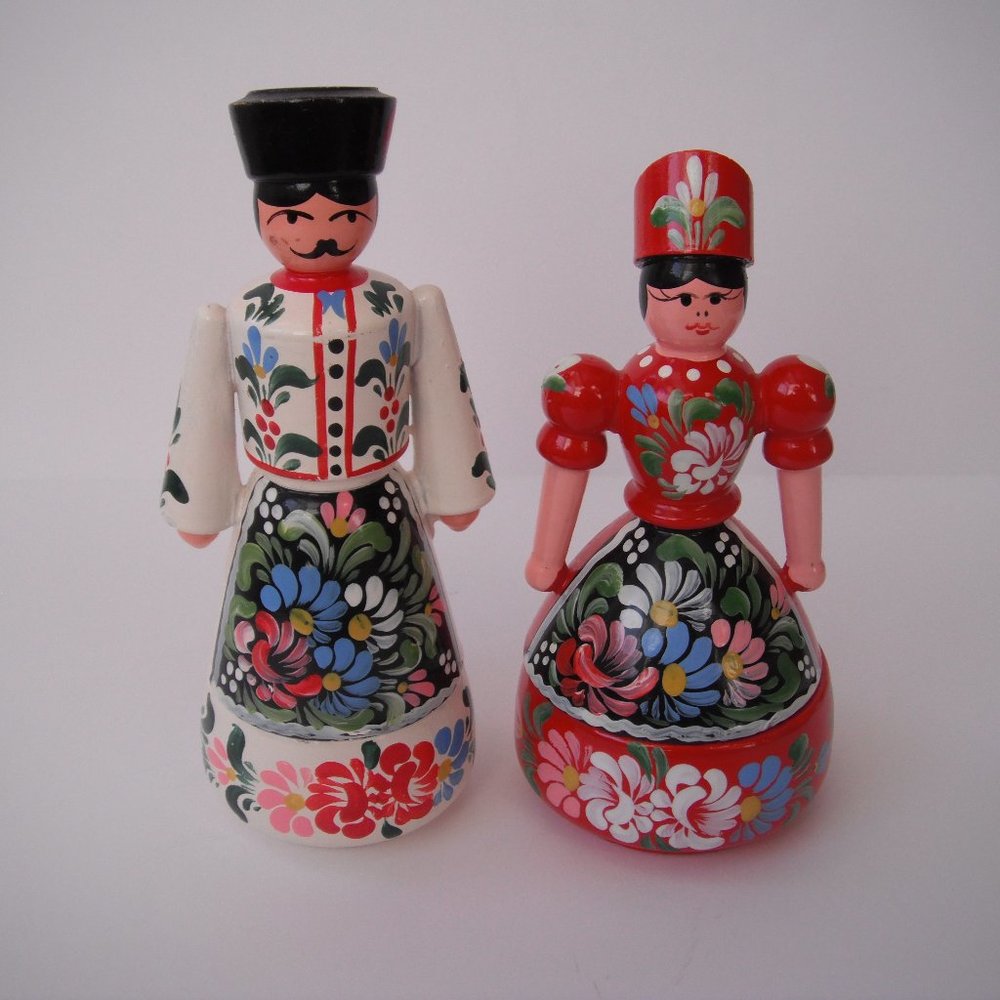 Lot of 2 Wood Folk Art Women & Men Handpainted Jewelry Trinket Box